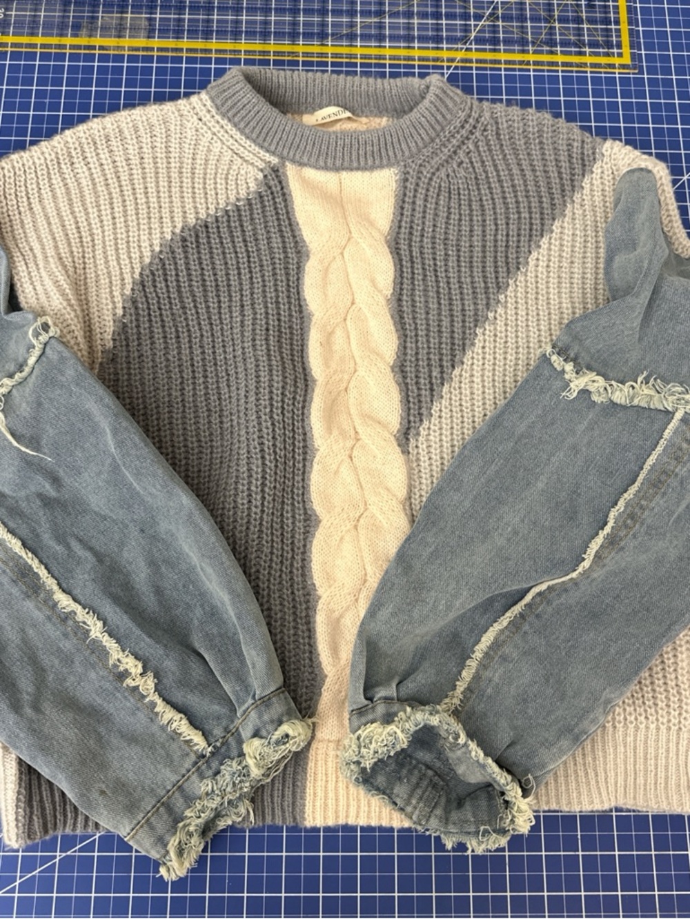NWOT Lavender J Mixed Media Small Sweater | Denim Sleeves